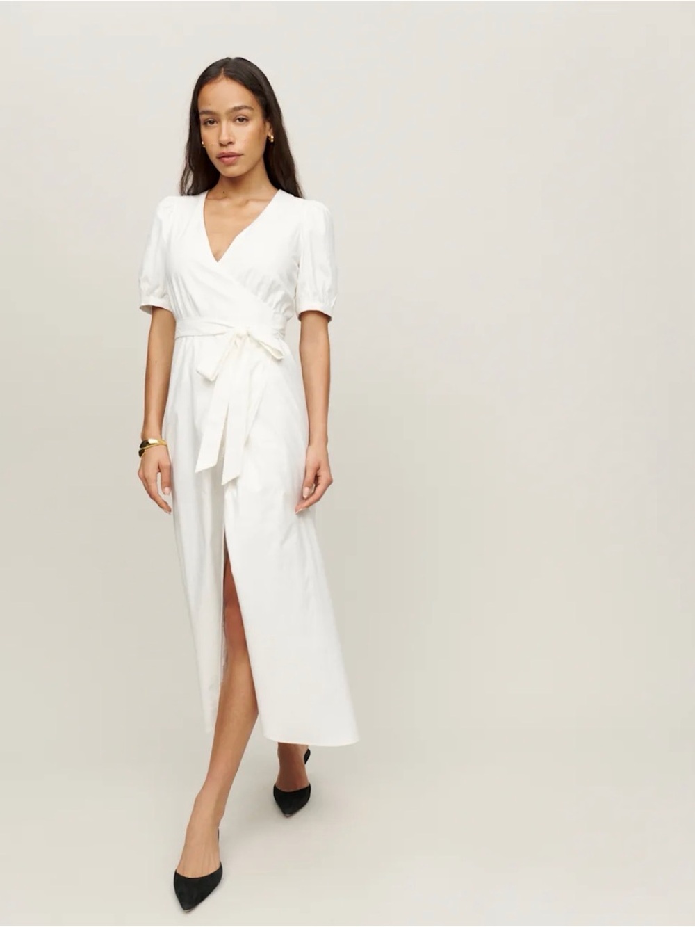 Reformation Kaelie Dress White Cotton V-Neck Wrap Maxi Dress with Short Sleeves